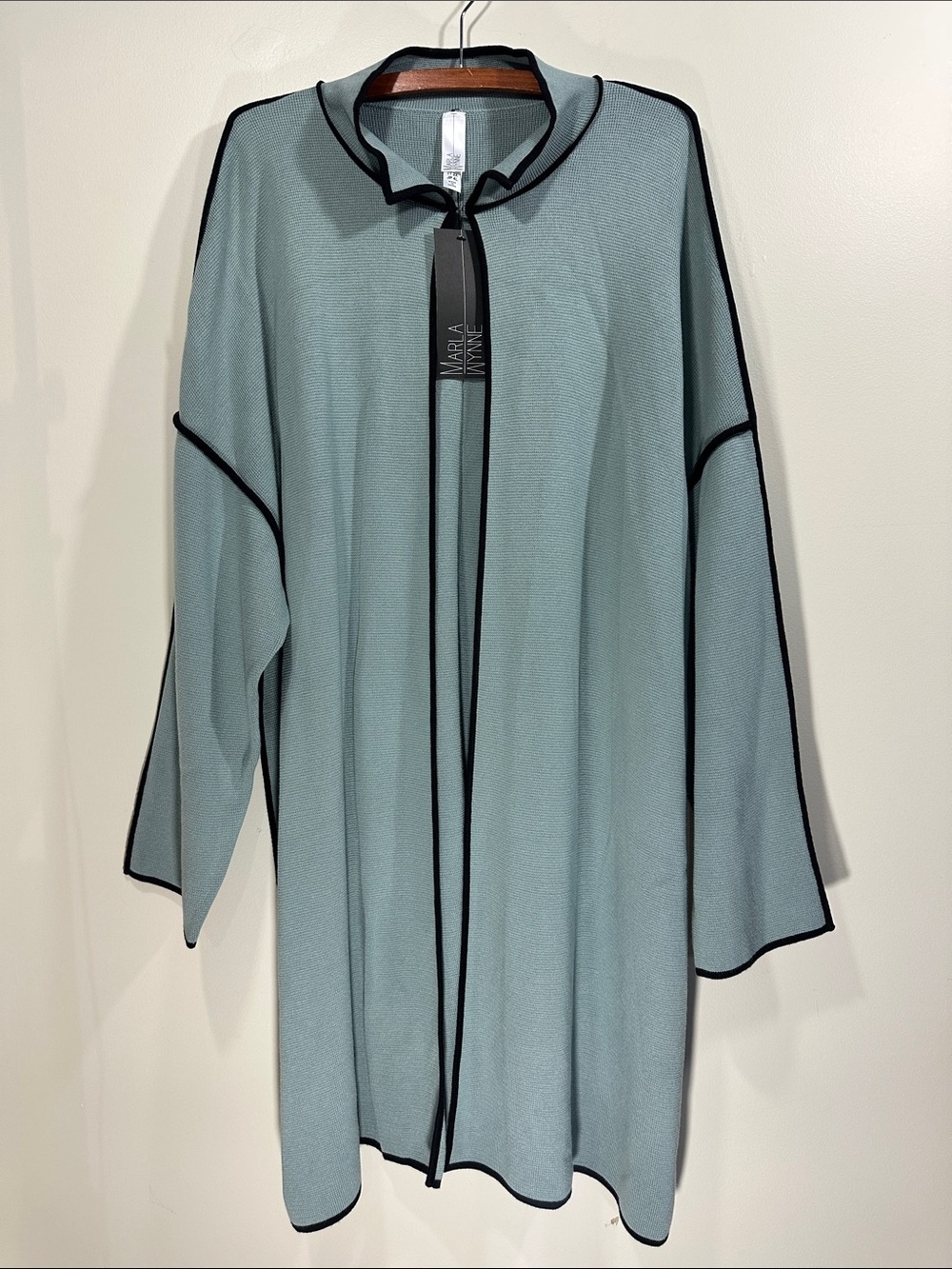 New With Tags MarlaWynne Light Blue Open-Front Sweater Coatigan with Black Trim